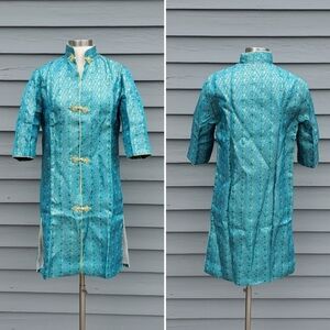 Vintage 70s Cheongsam Qipao Blue Rainbow Floral Flower Embroidered Coat Robe S/M